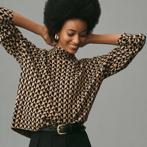 Anthropologie Maeve CARYS Mock Neck Sweater Womens Medium M Tan Black Oversized - Picture 1 of 14